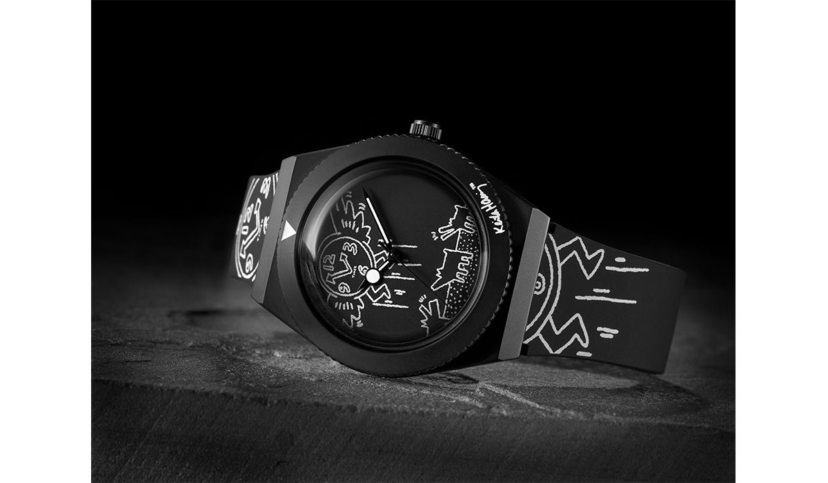 Q Timex x Keith Haring watch, with stainless steel watch case.