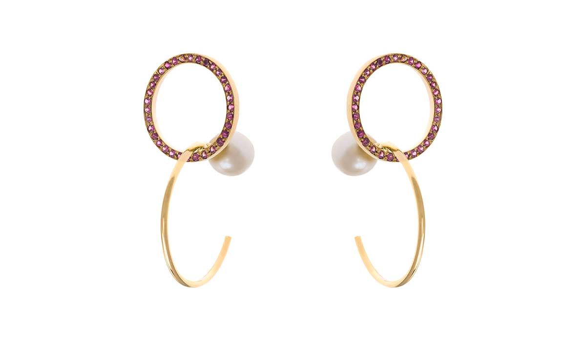 Gold, pearls and pink sapphires, Twins Hoop earrings.