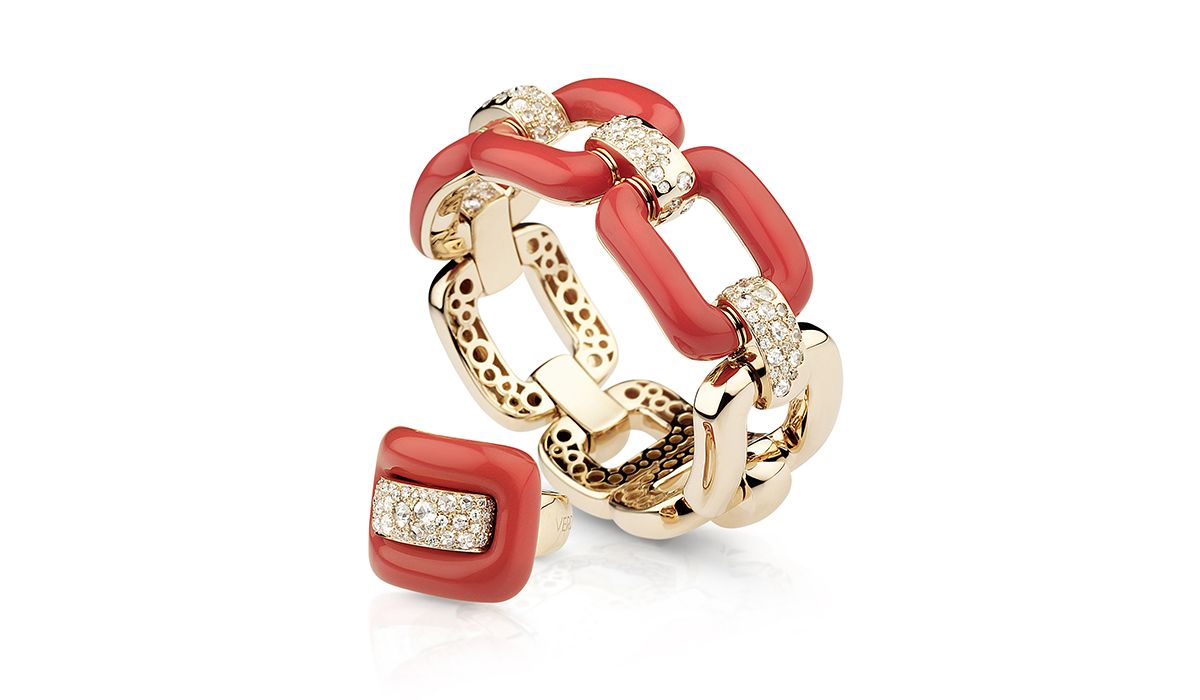 Rose gold diamond bangle and ring with coral, ROCK'N'ROLL Collection