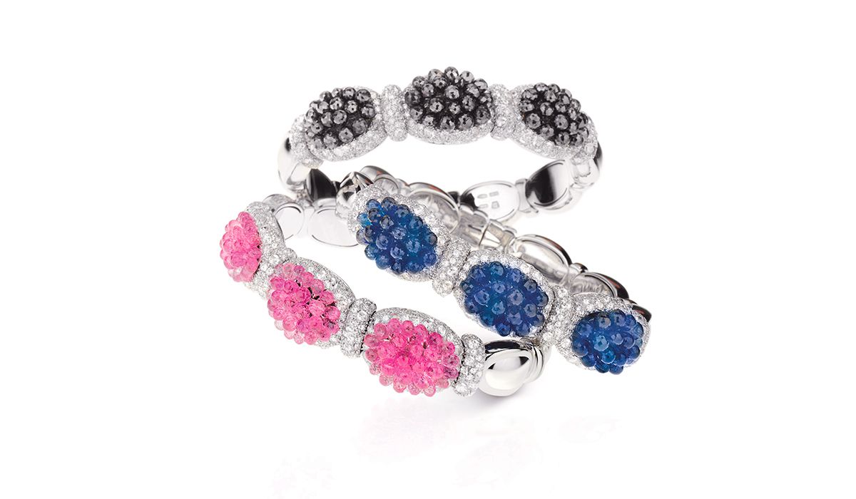 White gold diamond bangles with briolettes in blue and pink sapphires and black diamonds, SOUL Collection