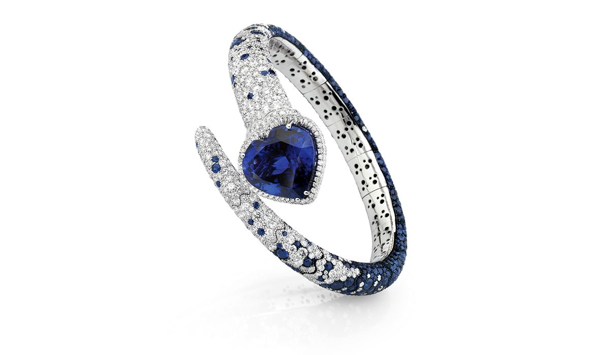 White gold and diamond bangle with blue sapphires and a heart-shaped tanzanite, BLUES Collection
