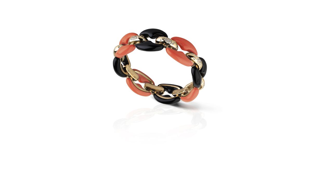 ROCK’N’ROLL collection Bracelet- rose gold bracelet with diamonds, red coral and onyx