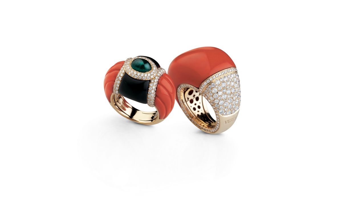 ROCK’N’ROLL collection Rings- rose gold rings with diamonds, red coral, onyx and emeralds
