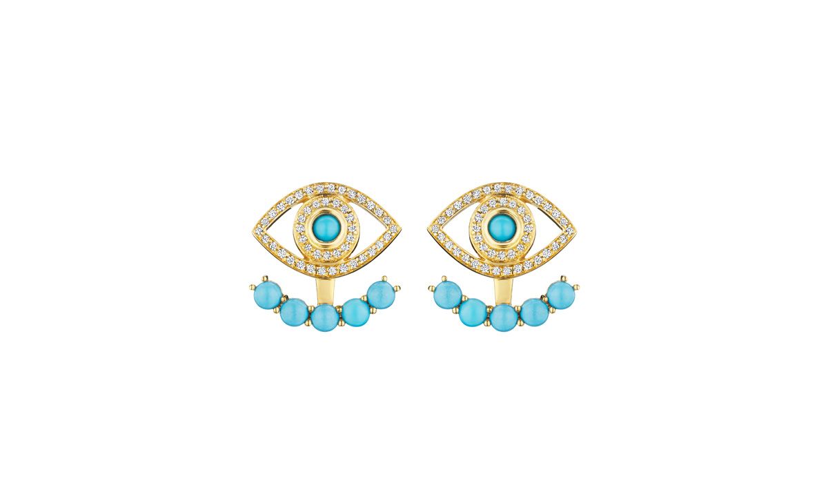 Ear jacket Eye earrings in yellow gold, diamonds and turquoise beads, Netali Nissim