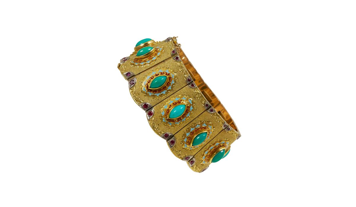 A turquoise, ruby, enamel and 18 karat gold scalloped bracelet by Cazzaniga, c.1960.